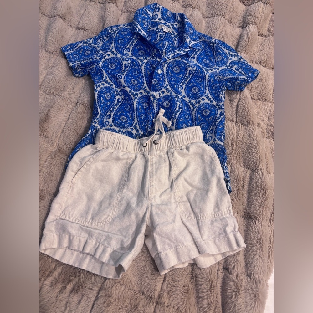 Crewcuts Boys Outfit - Blue Paisley Button-Up Top and Linen Shorts
